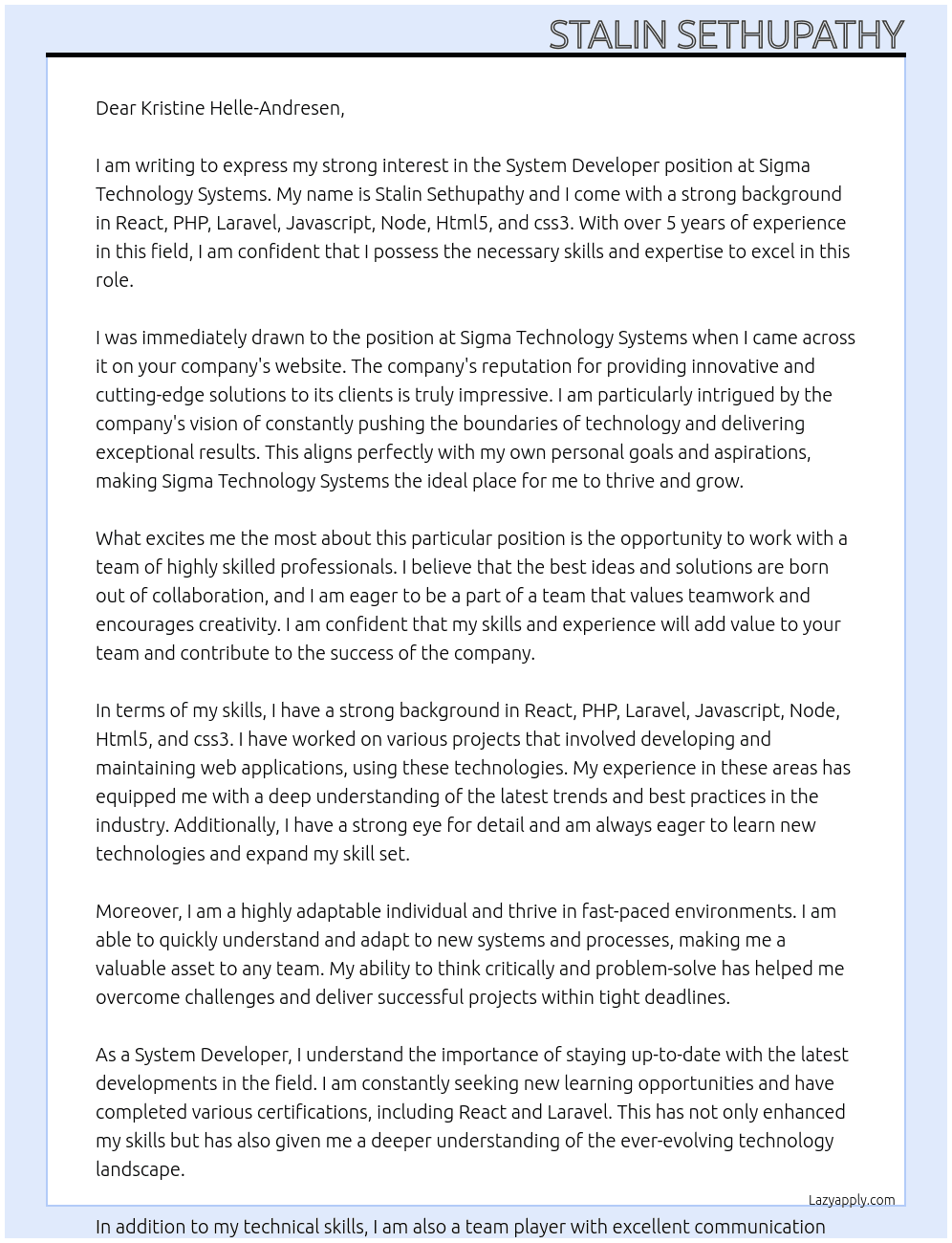 System Developer At Sigma Technology Systems Cover Letter