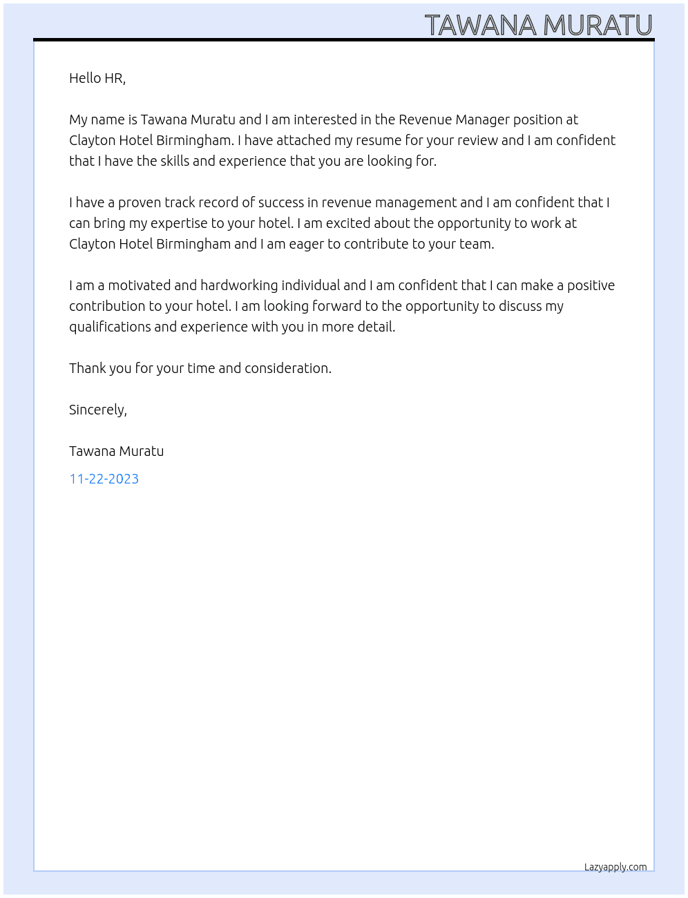 Revenue Manager At Clayton Hotel Birmingham Cover Letter