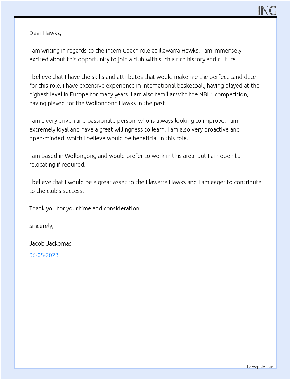 Intern Coach At Illawarra Hawks Cover Letter