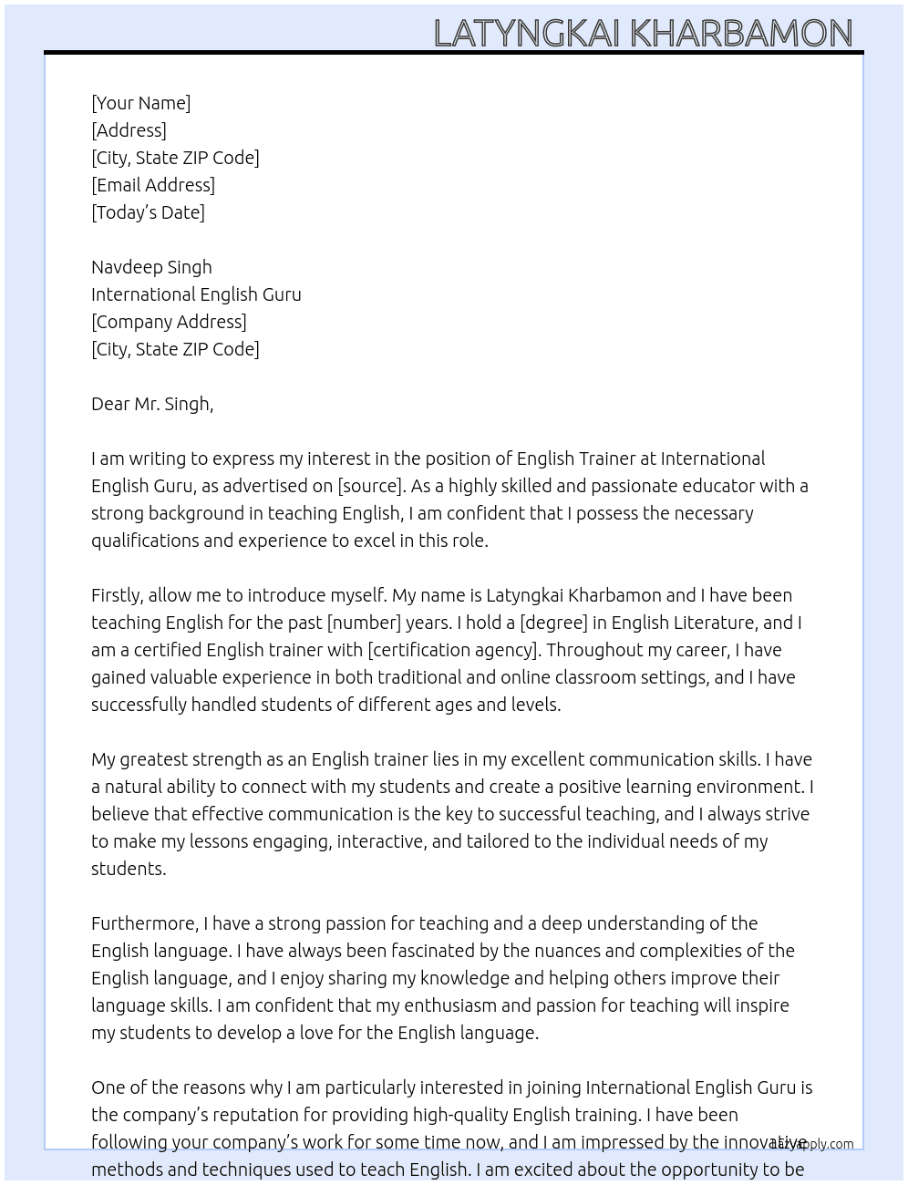 English trainer  At International English Guru  Cover Letter