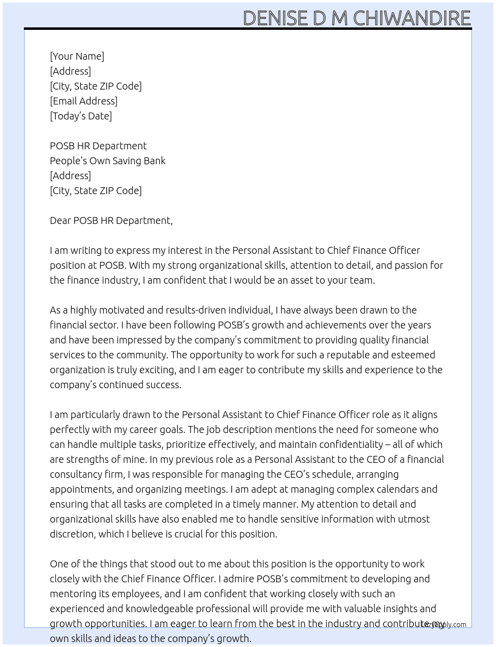 PERSONAL ASSISTANT TO CHIEF FINANCE OFFICER At POSB - People's Own Saving Bank Cover Letter