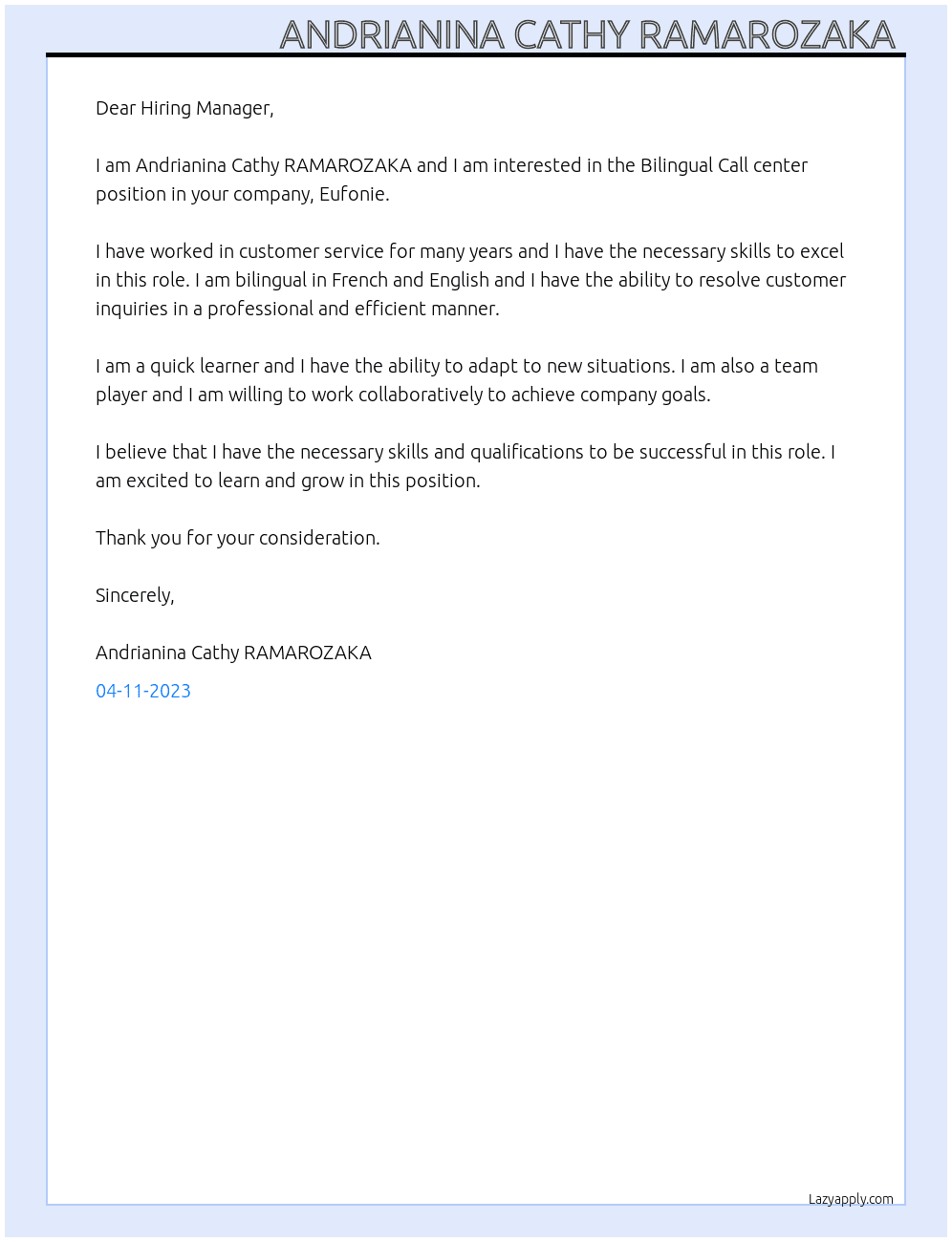 Bilingual Call center  At Eufonie Cover Letter