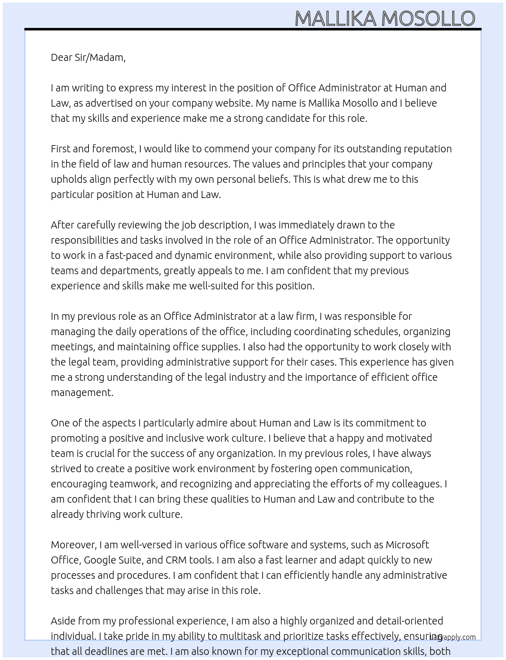 Office administrator  At Human and law Cover Letter