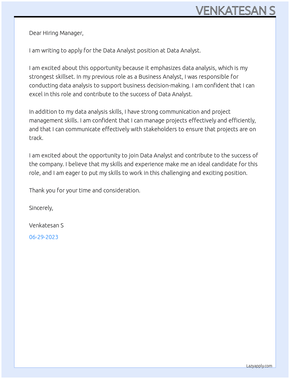 Data Analyst At Data Analyst Cover Letter