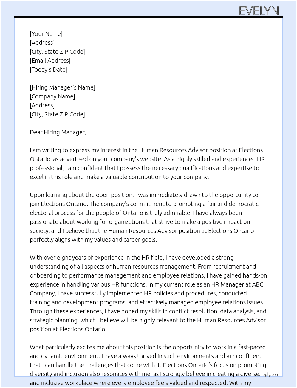 Human Resources Advisor At Elections Ontario Cover Letter