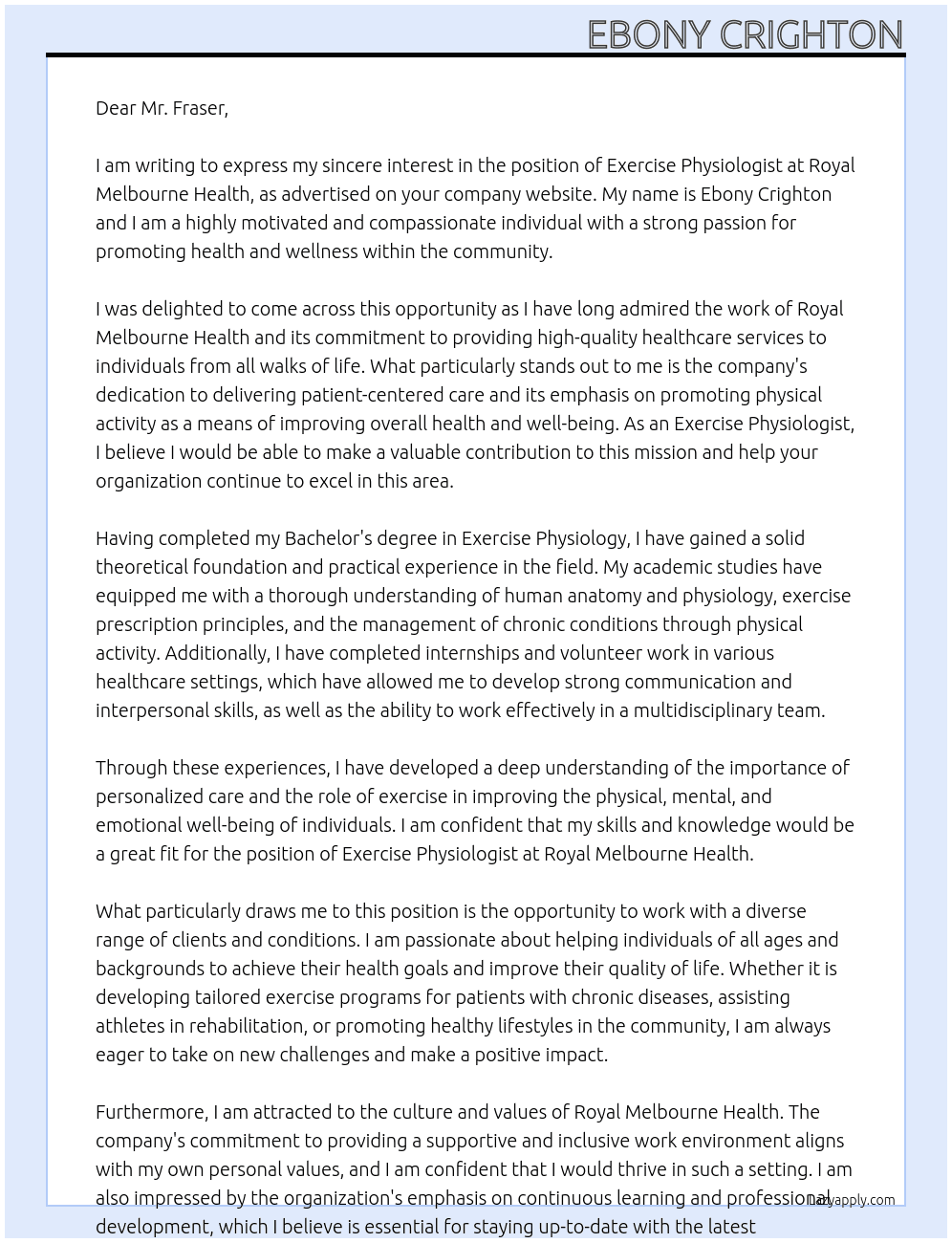 Exercise physiologist At Royal Melbourne Health  Cover Letter