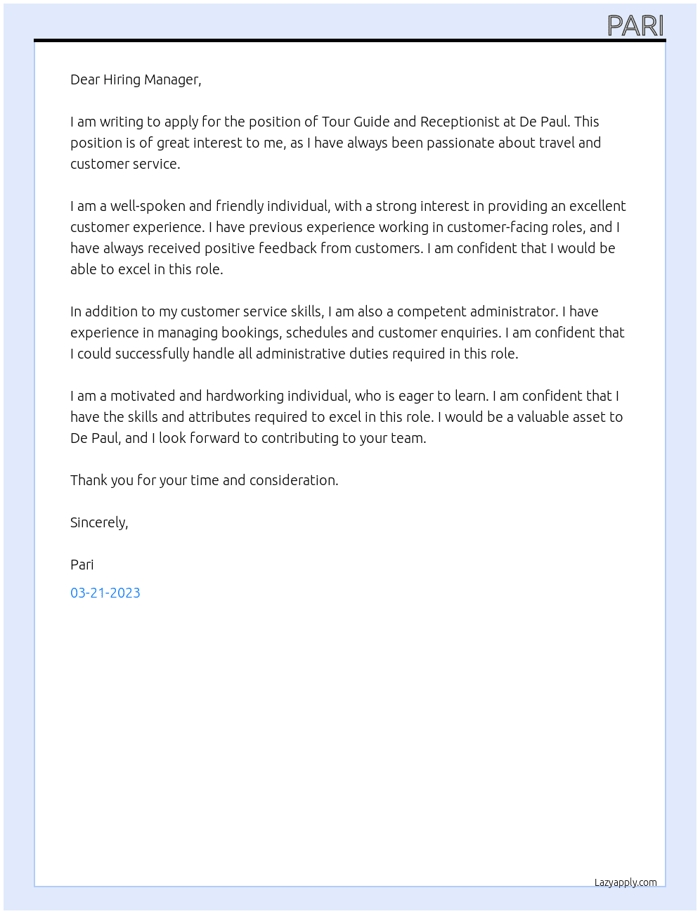 Tour Guide and Receptionist At De paul Cover Letter