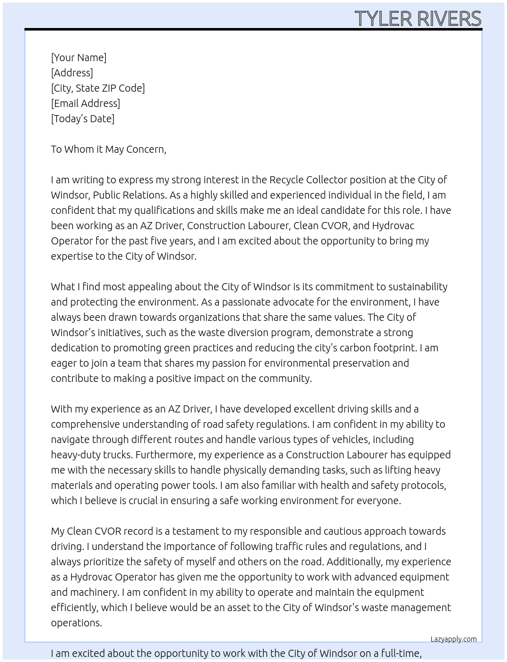 Recycle Collector At City of Windsor, Public Relations Cover Letter
