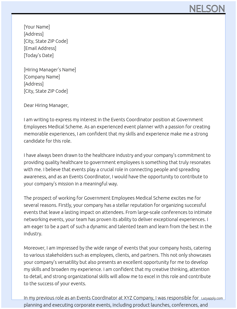 Events Coordinator At Government Employees Medical Scheme Cover Letter