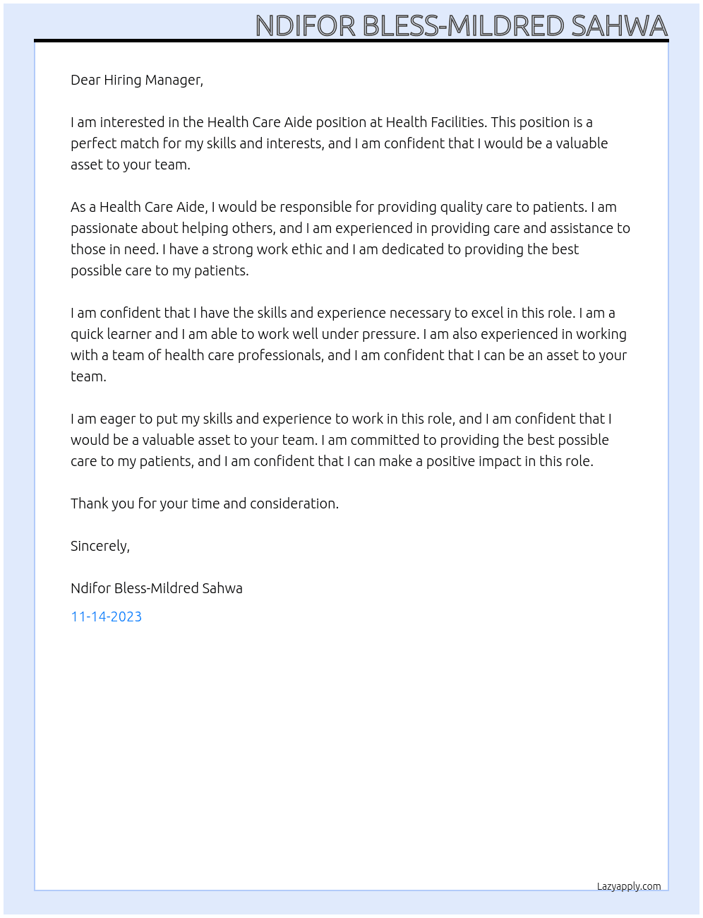 Health care aide  At Health facilities  Cover Letter