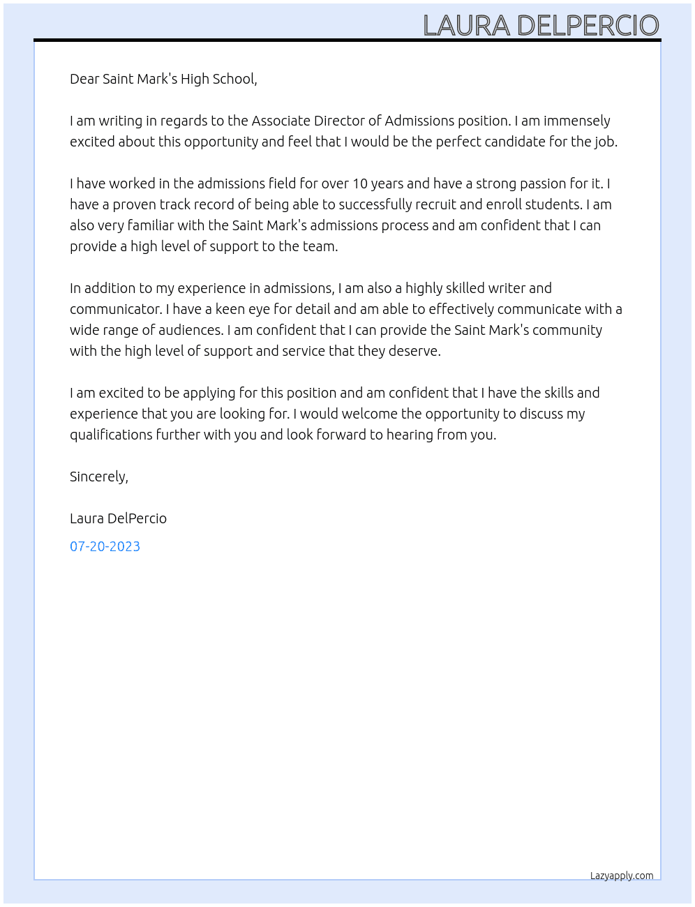 Associate Director of Admissions At Saint Mark's High School Cover Letter