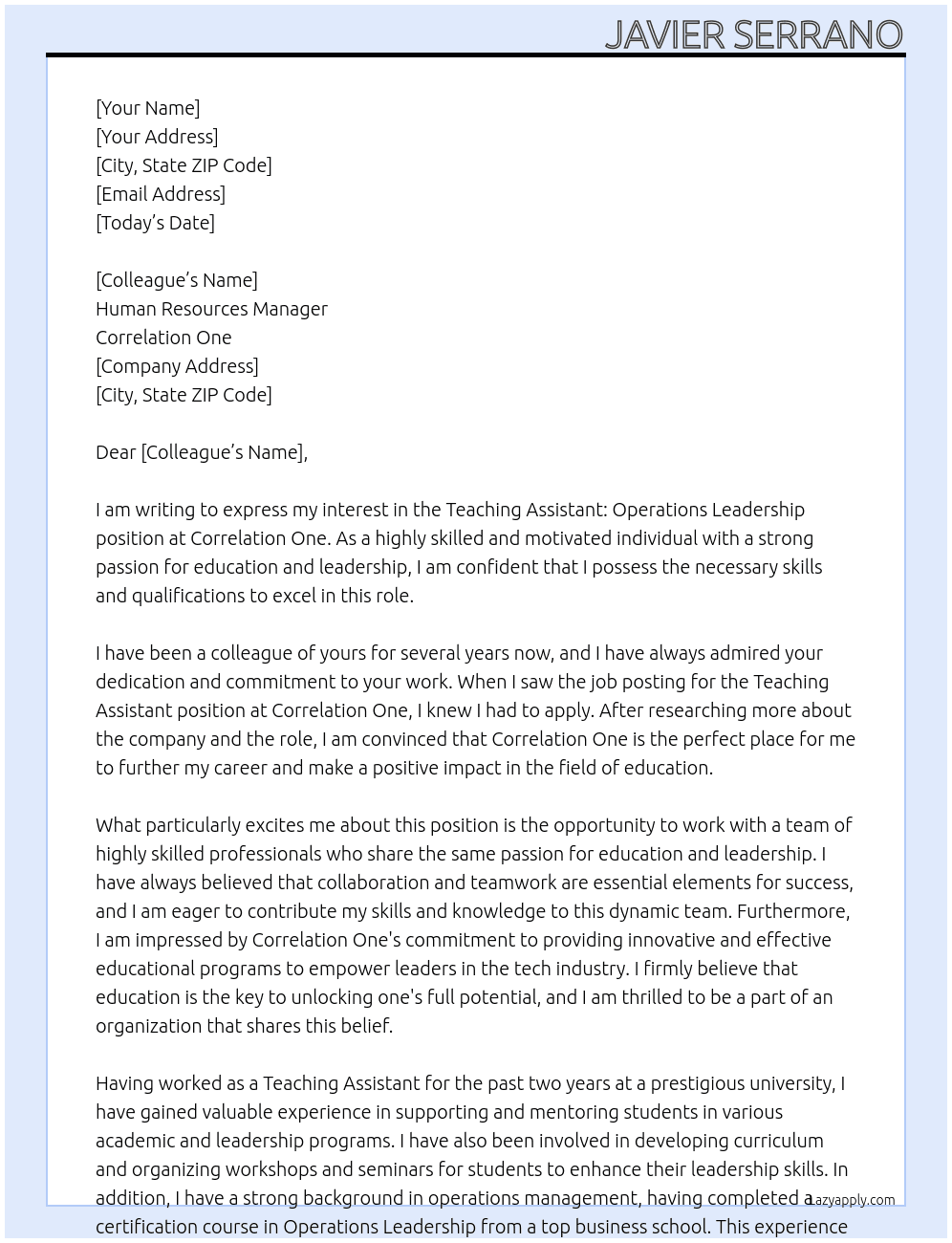 Teaching Assistant: Operations Leadership At Correlation One Cover Letter