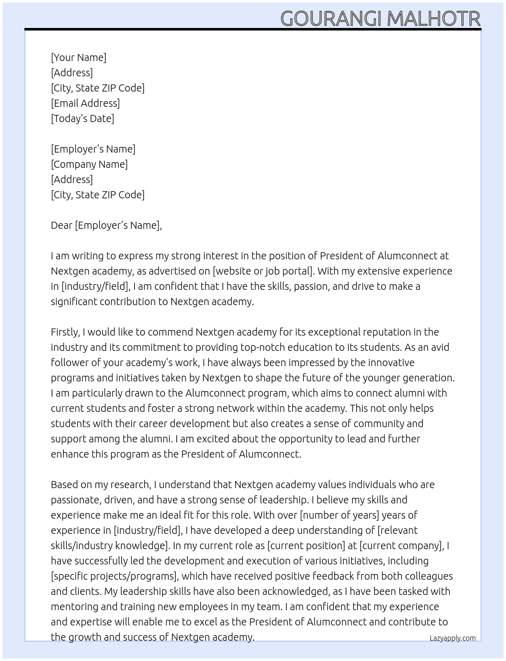 President of Alumconnect At Nextgen  Cover Letter