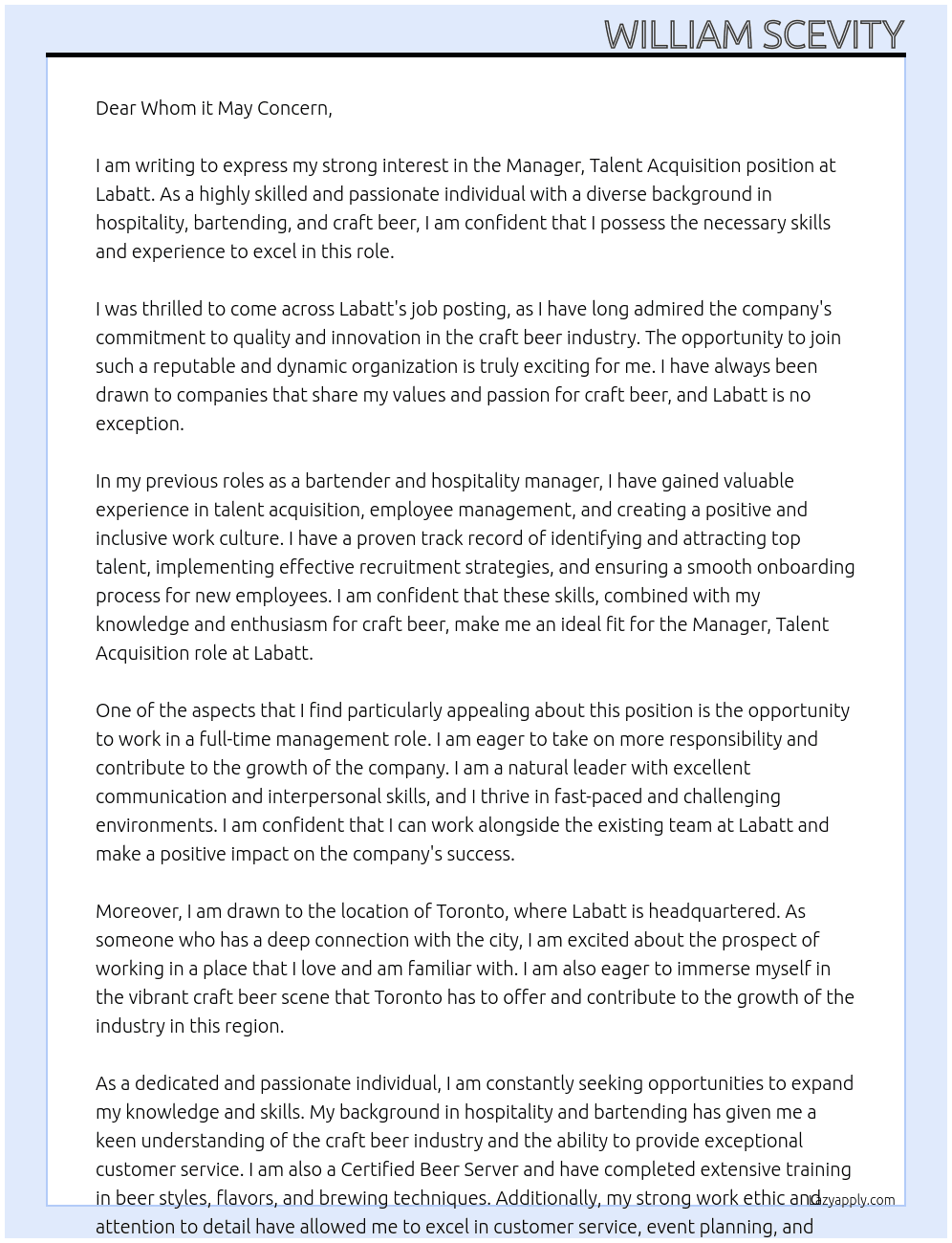 Manager, Talent Aquisition At Labatt Cover Letter