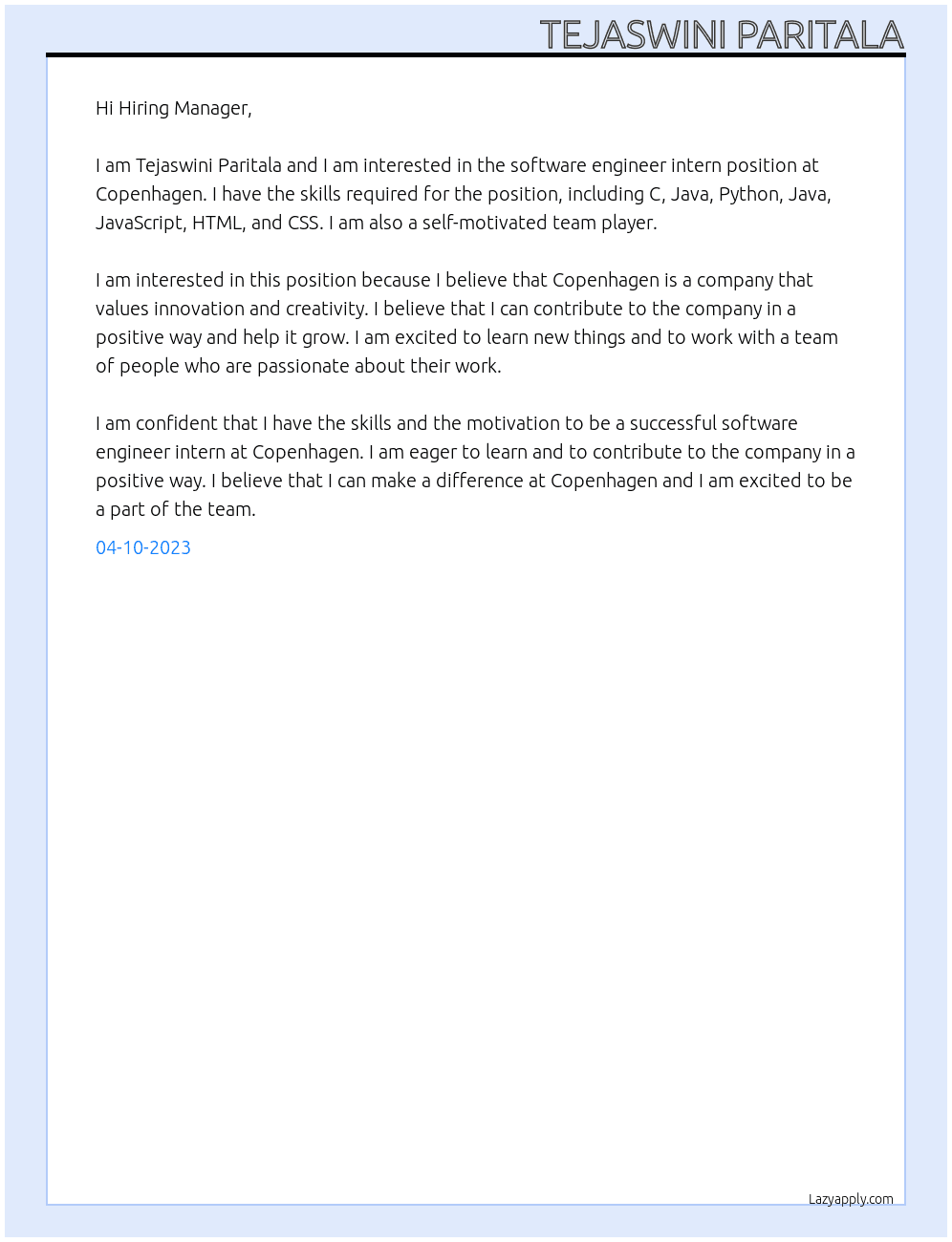Software engineer intern At Copenhagen Cover Letter
