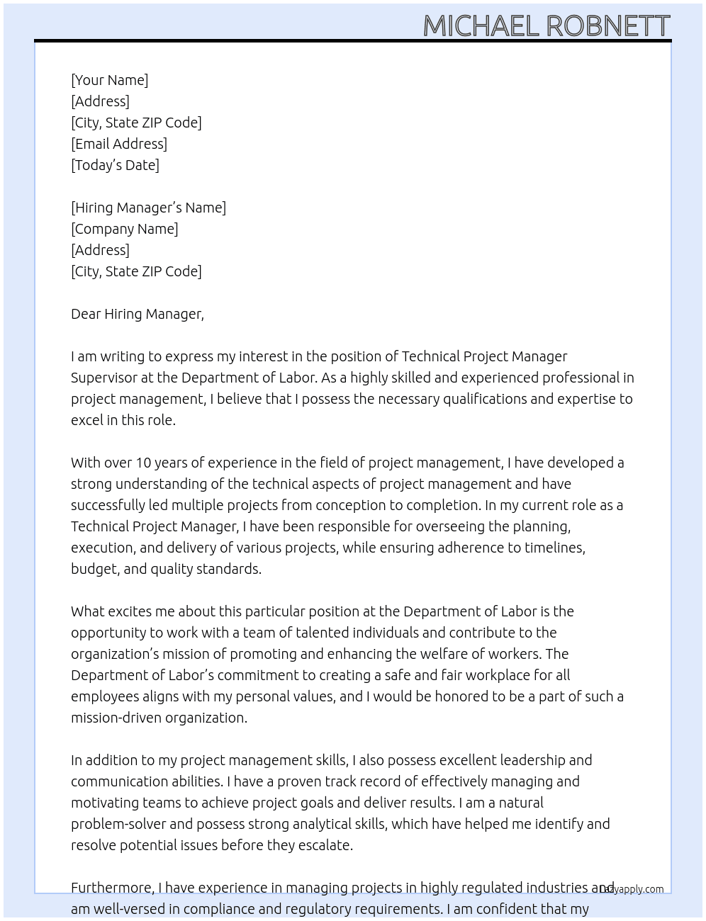 Technical Project Manager Supervisor At Department of Labor Cover Letter