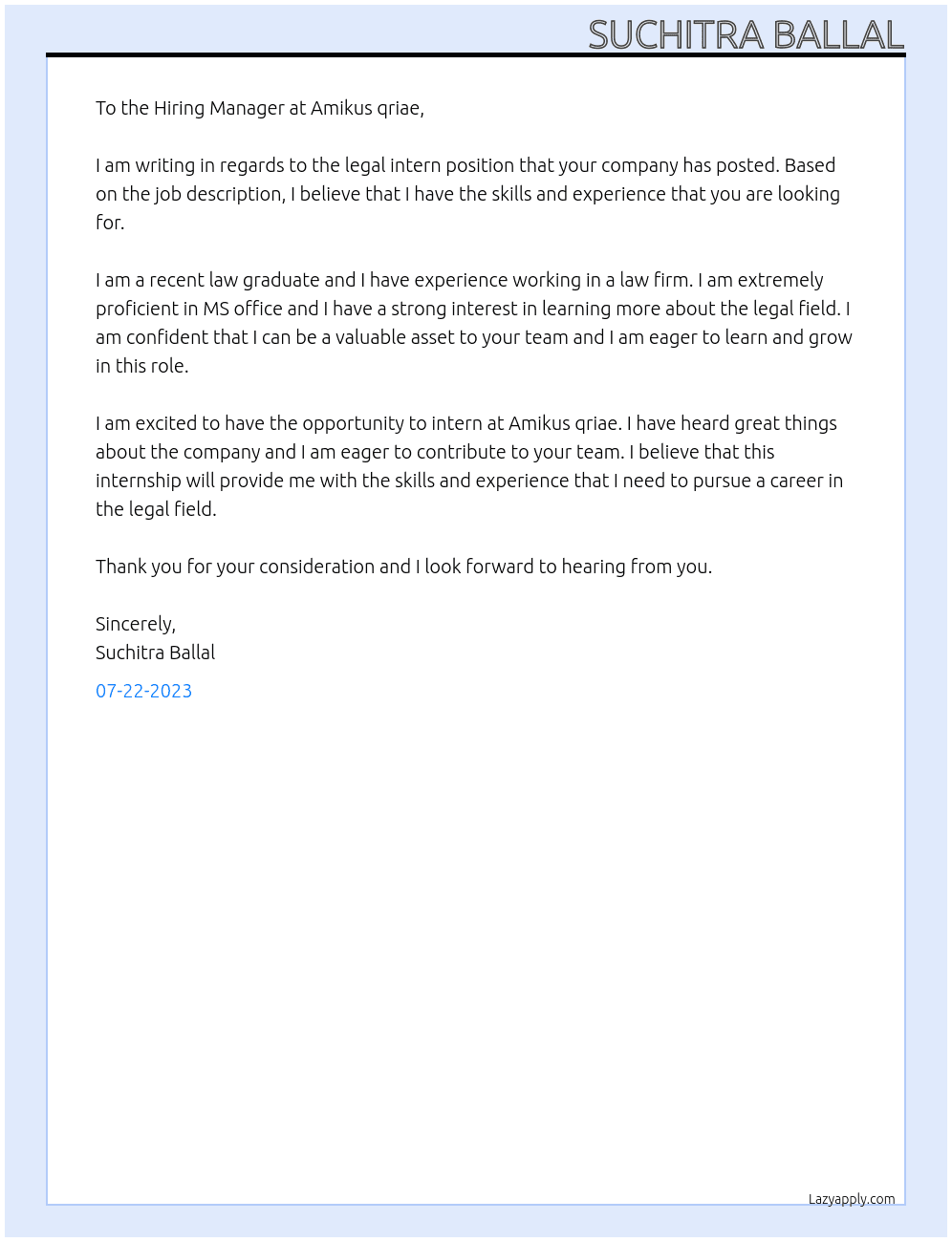 Legal intern At Amikus qriae  Cover Letter