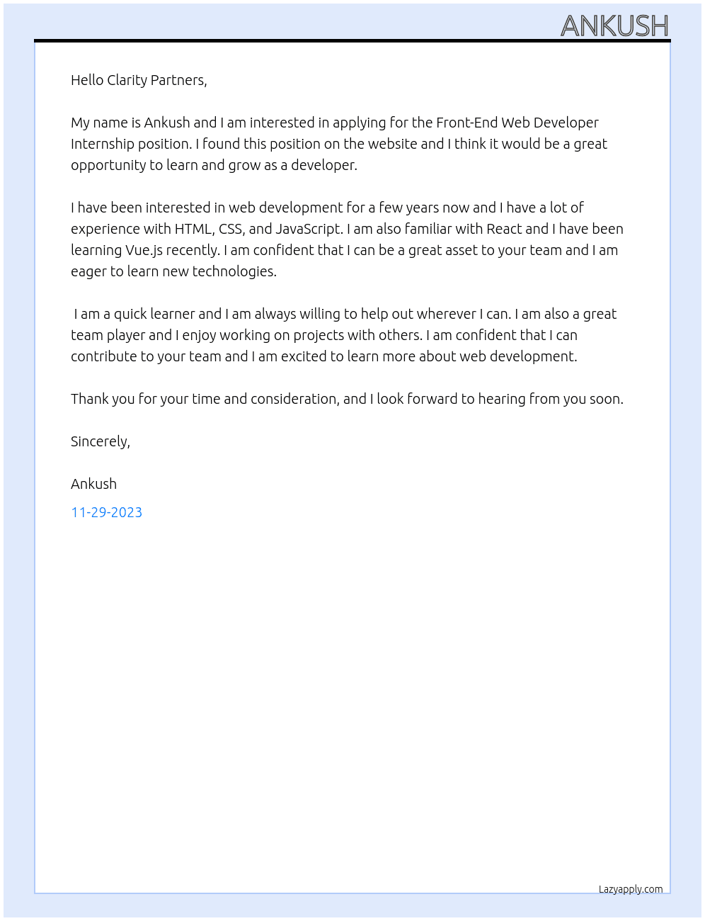 Front-End Web Developer Internship At Clarity Partners Cover Letter