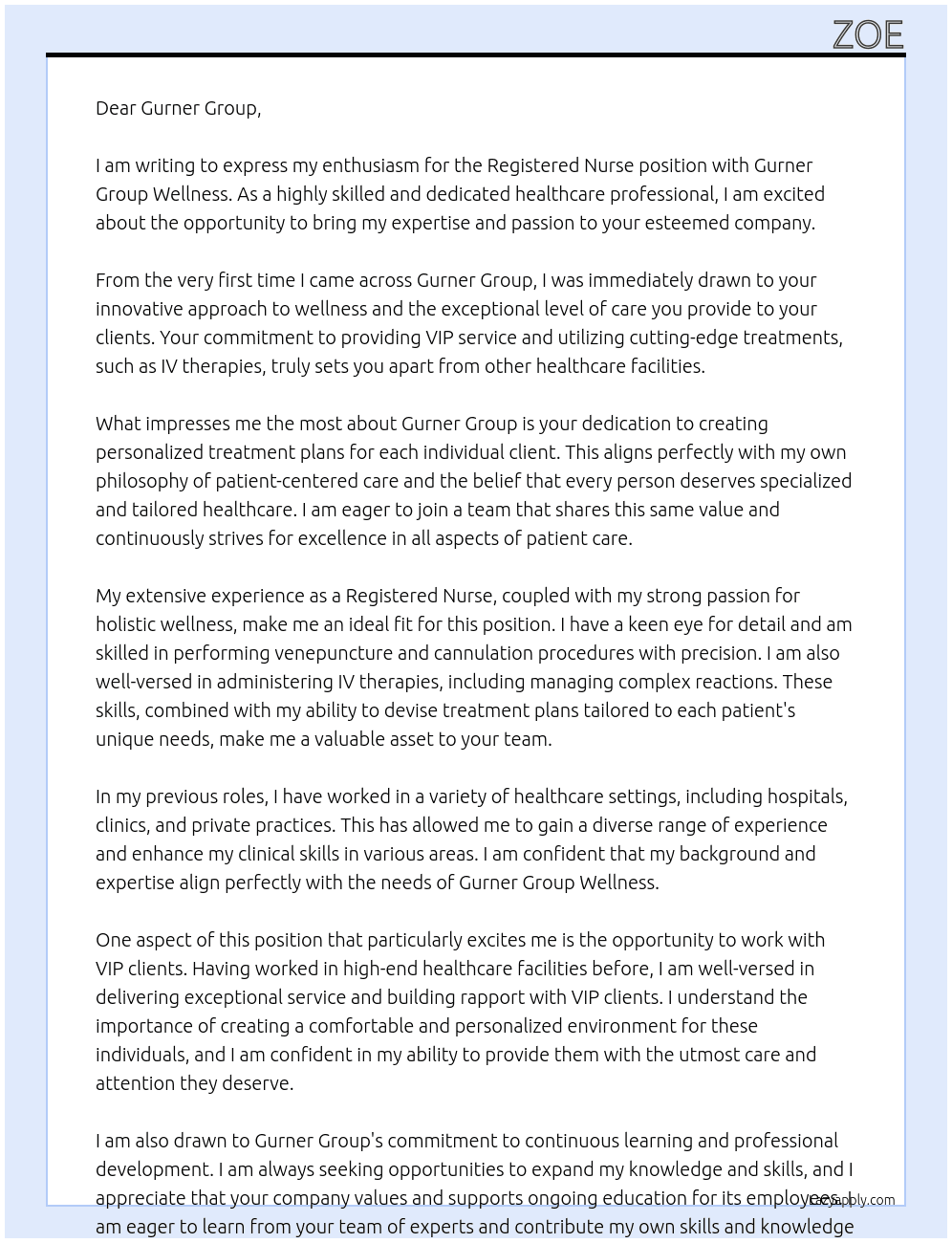 Registered Nurse At Gurner Group Wellness Cover Letter