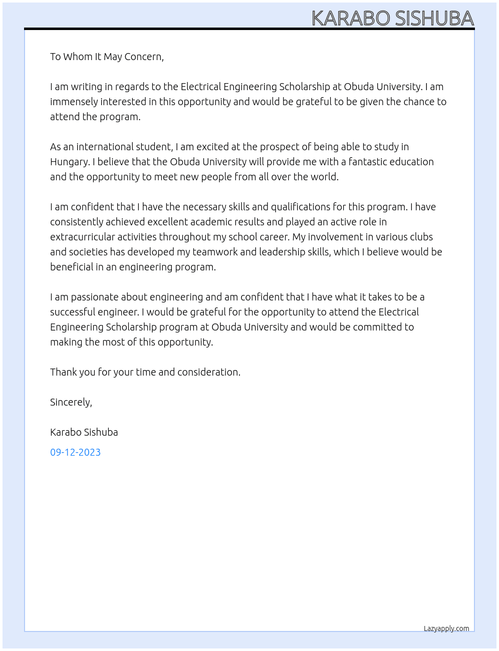 Electrical Engineering Scholarship  At Obuda University  Cover Letter