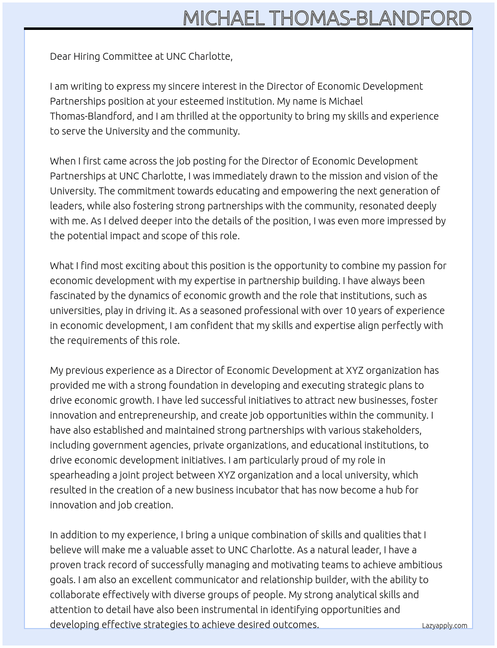 Director of Economic Development Partnerships At UNC Charlotte Cover Letter