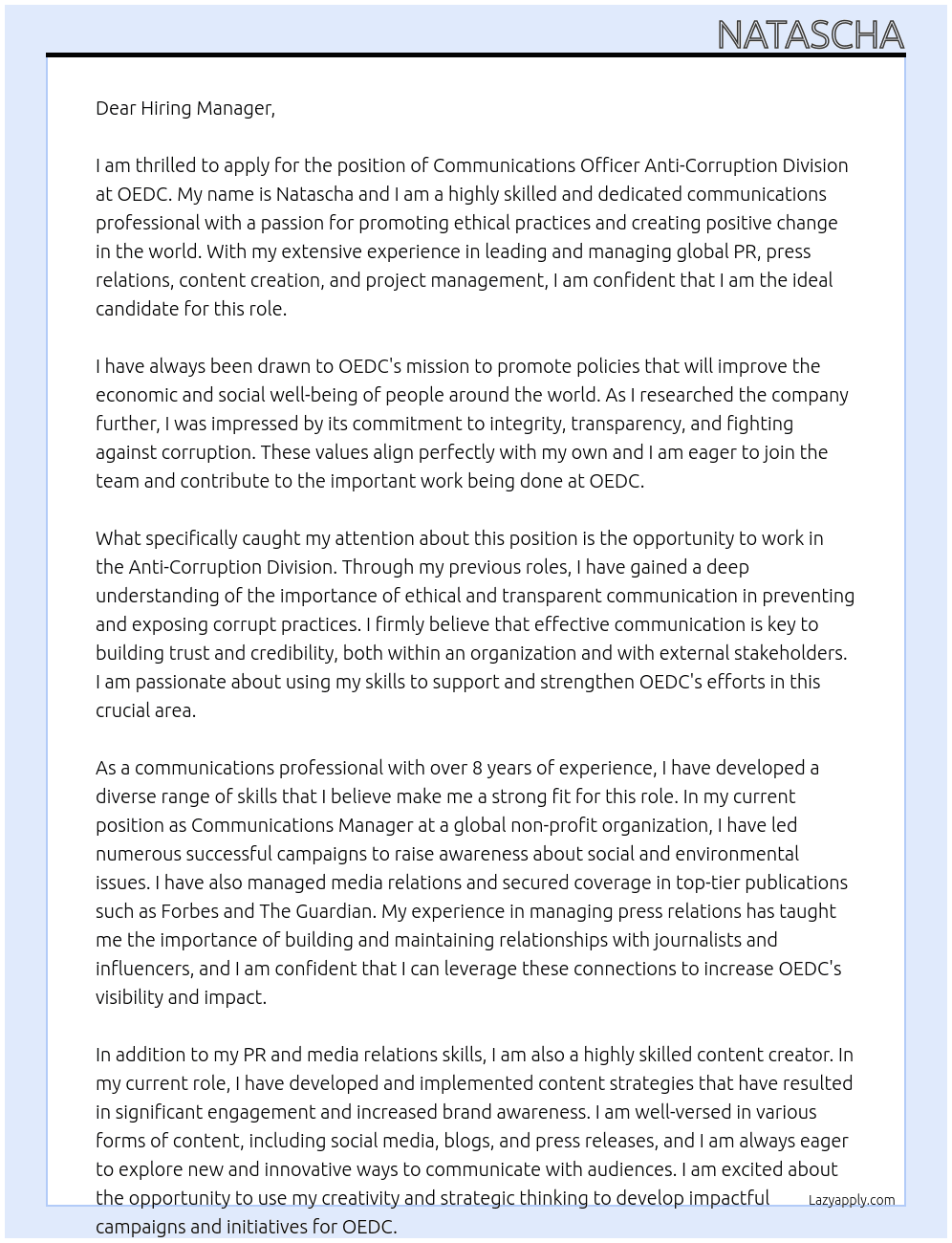 Cover letter for communicationsofficer anti-corruptio division - LazyApply