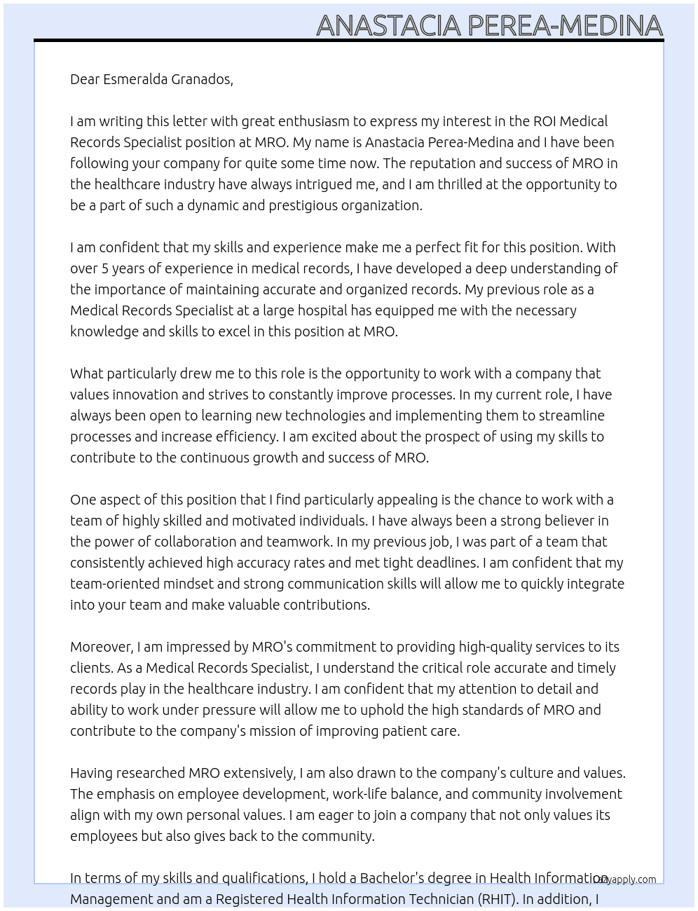 ROI Medical Records Specialist At MRO Cover Letter