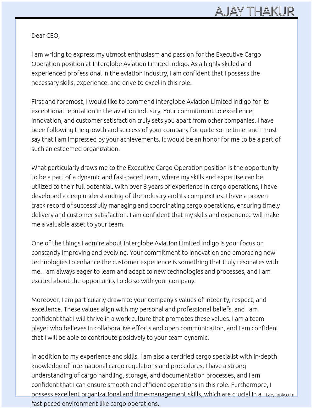 Executive Cargo Operation  At Interglobe Aviation limited Indigo Cover Letter