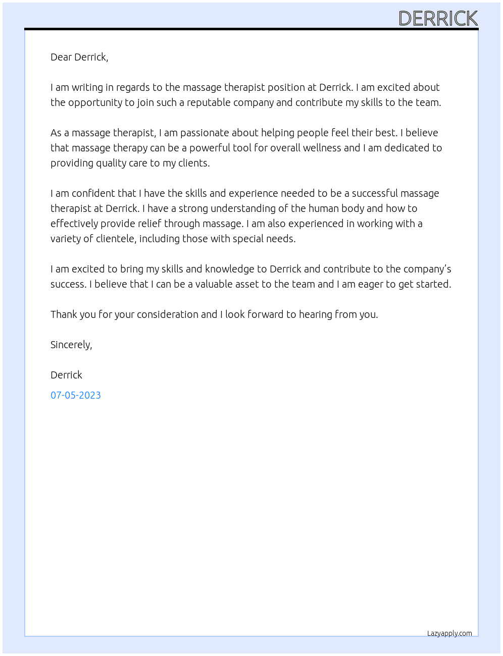 Massage Therapist At Derrick Cover Letter