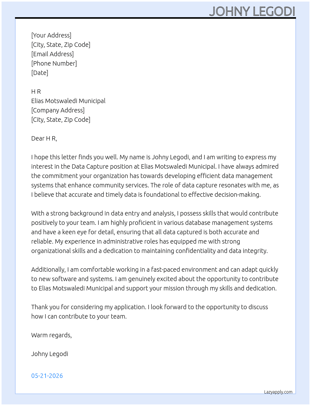 Cover letter for data capture - LazyApply