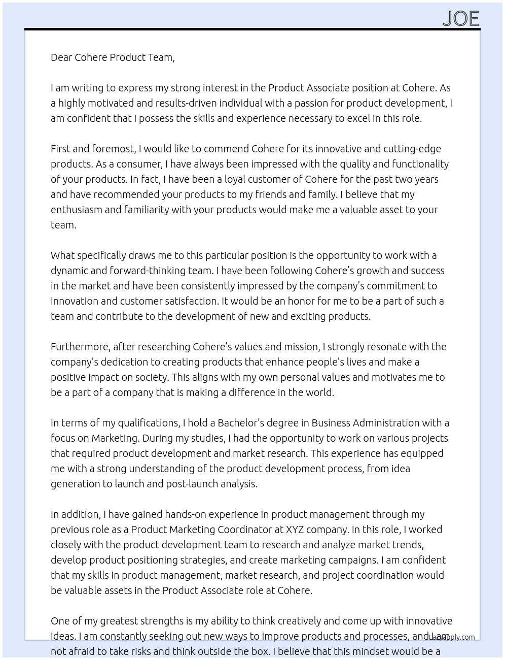 Product Associate At Cohere Cover Letter
