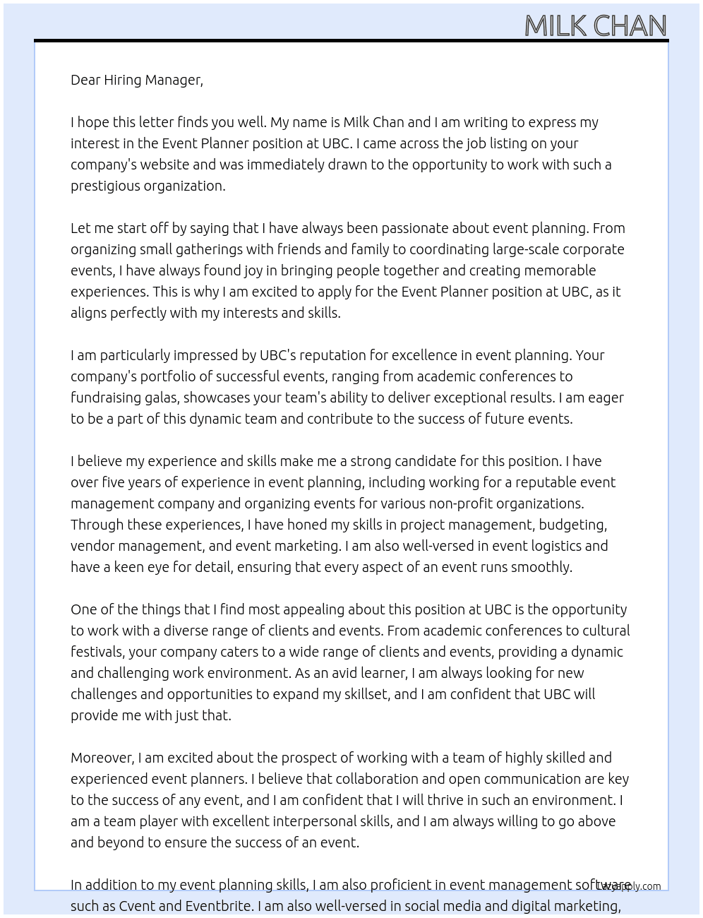 Event Planner At UBC Cover Letter