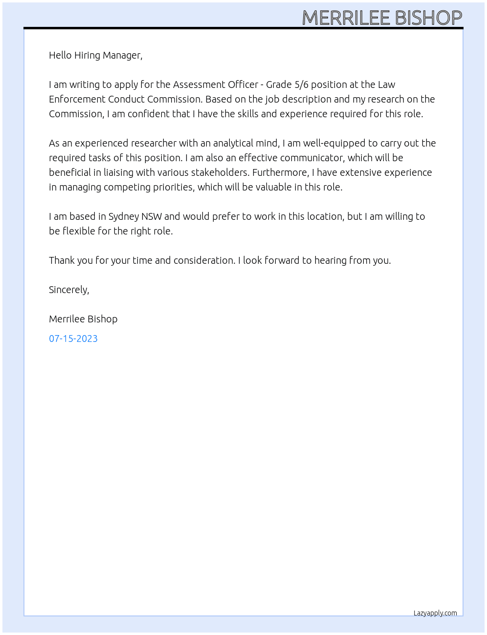 Assessment Officer - Grade 5/6 At Law Enforcement Conduct Commission Cover Letter