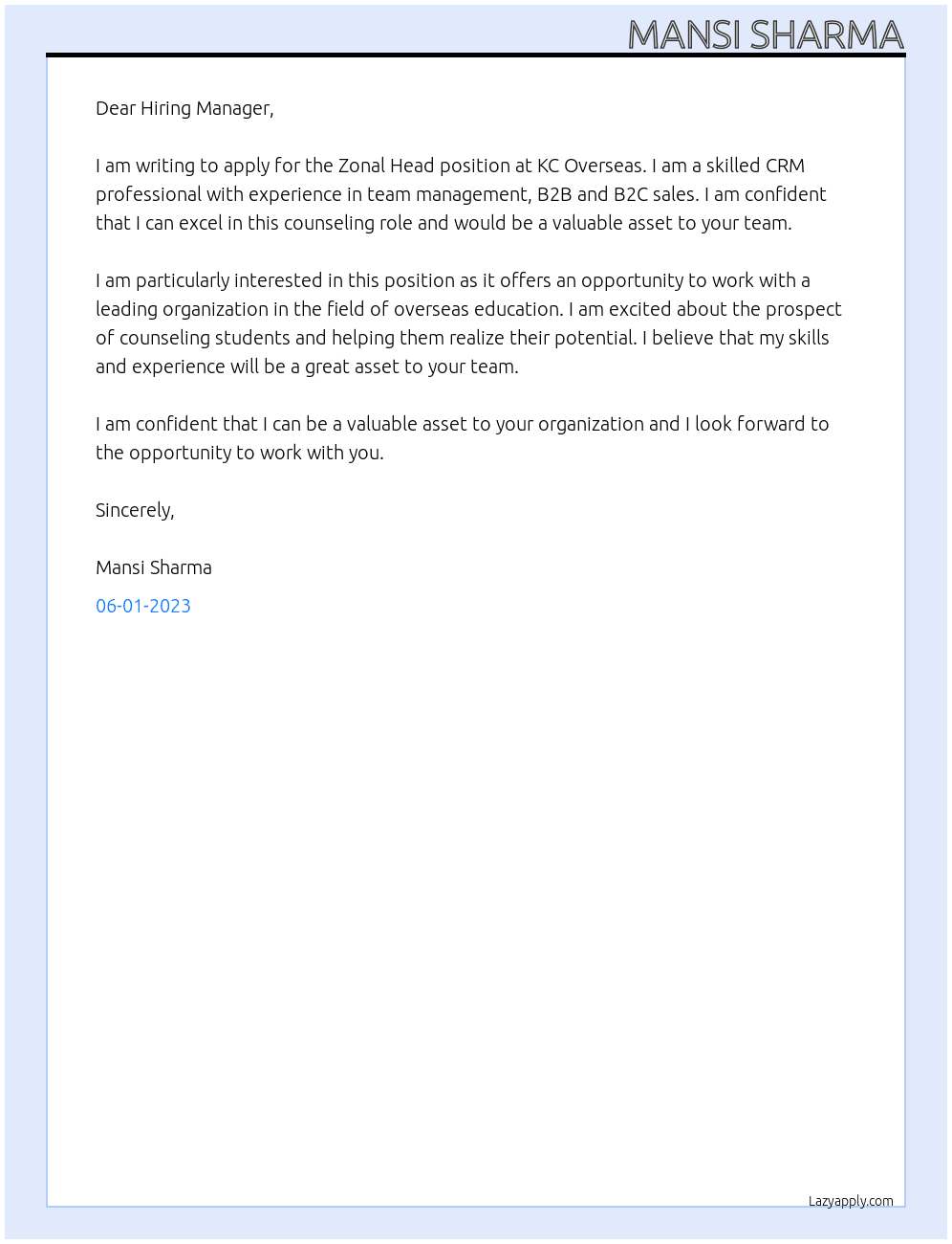 Zonal Head At KC Overseas Cover Letter