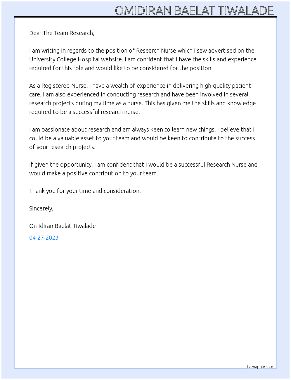 Research Nurse  At University College Hospital  Cover Letter