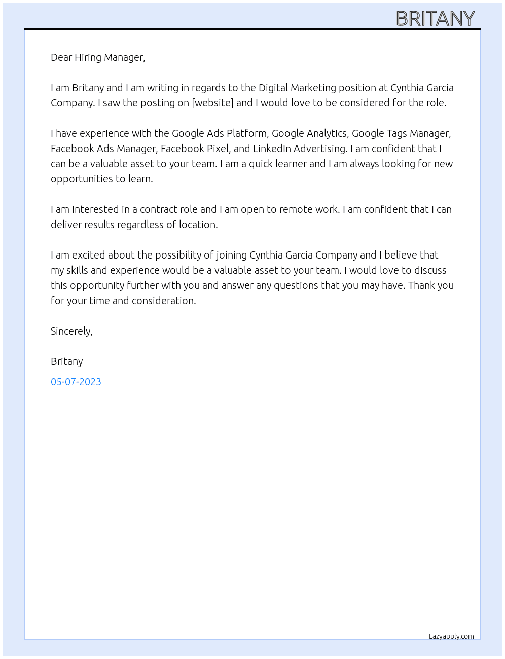 Digital Marketing  At Cynthia Garcia Company  Cover Letter