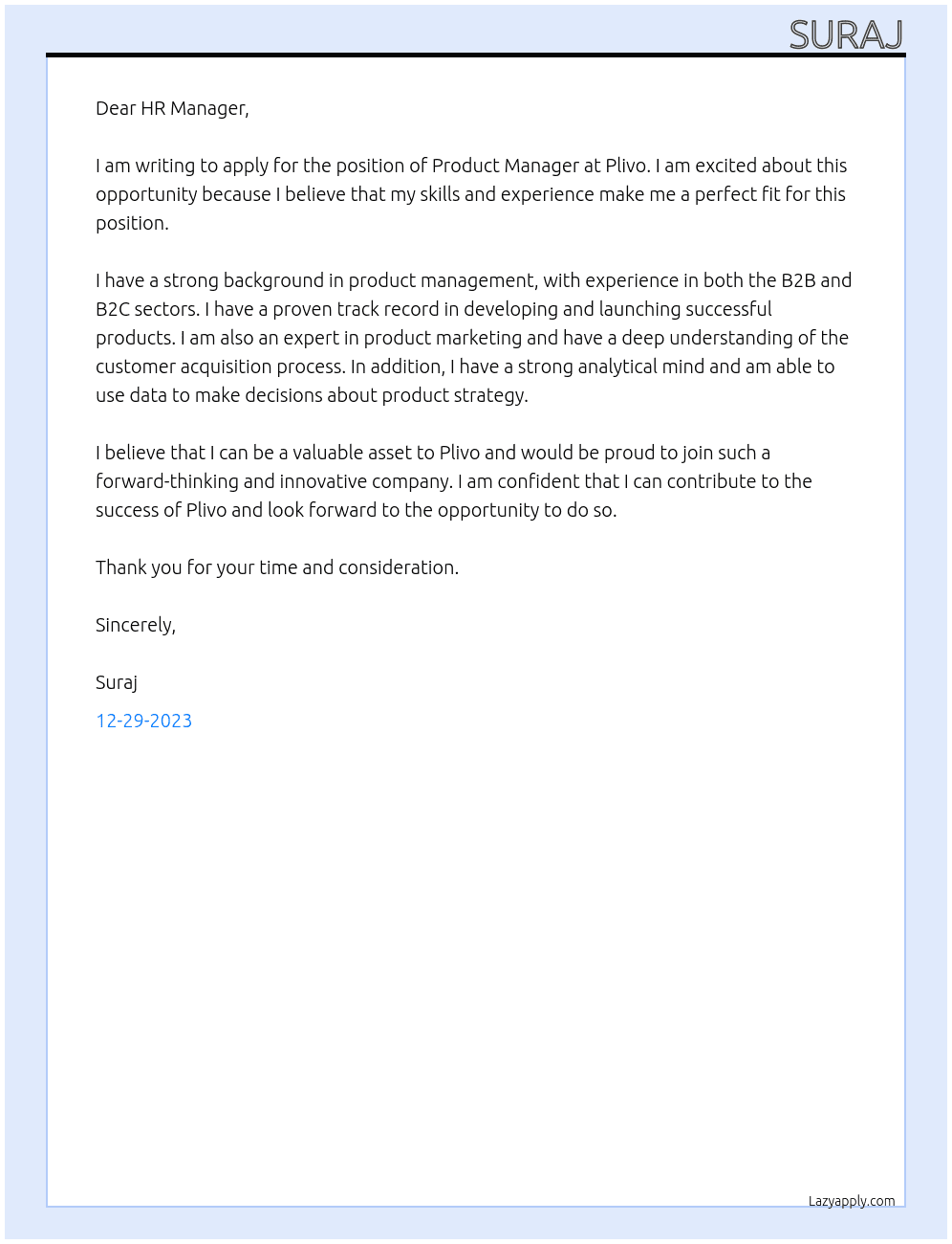 Product manager  At Plivo Cover Letter