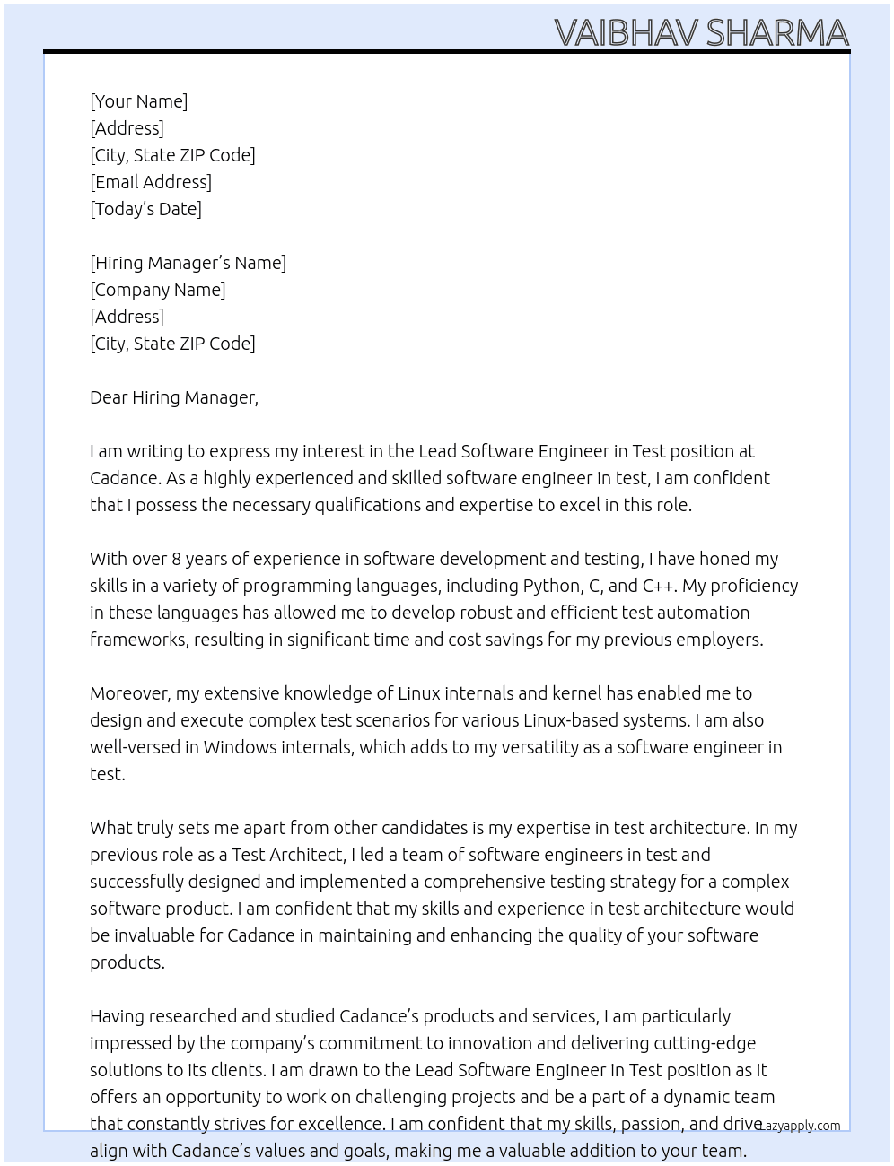 Lead Software Engineer in Test At Cadance Cover Letter