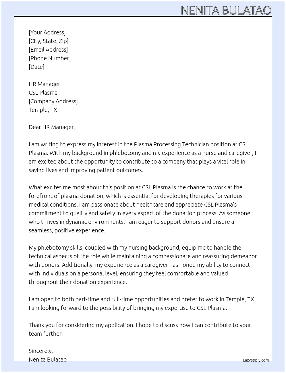 Cover letter for plasma processing technician - LazyApply