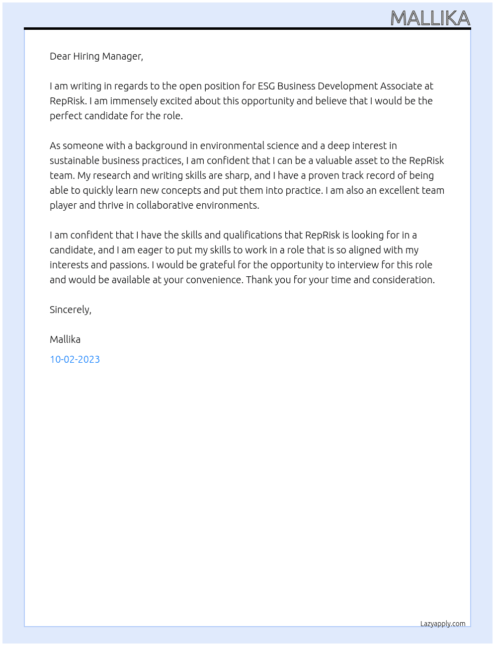 ESG Business Development Associate At RepRisk Cover Letter