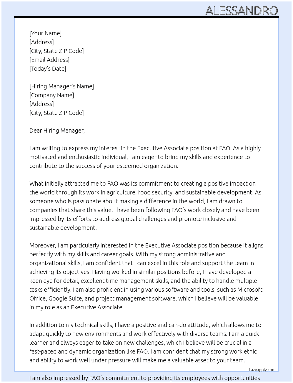 Executive Associate At FAO Cover Letter