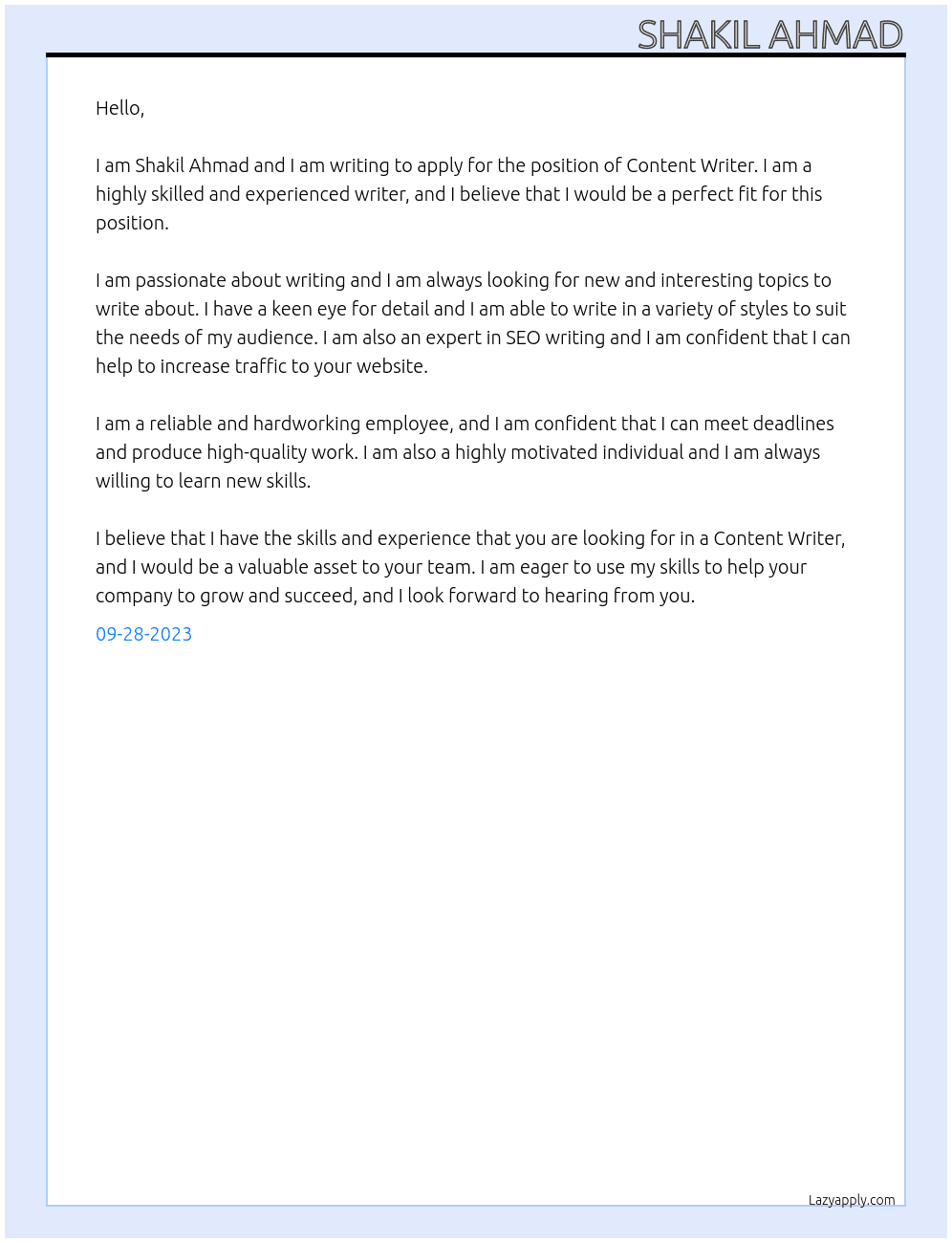 Content writer  At Free lancer  Cover Letter