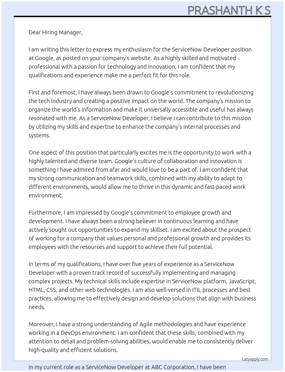 ServiceNow Developer At Google Cover Letter