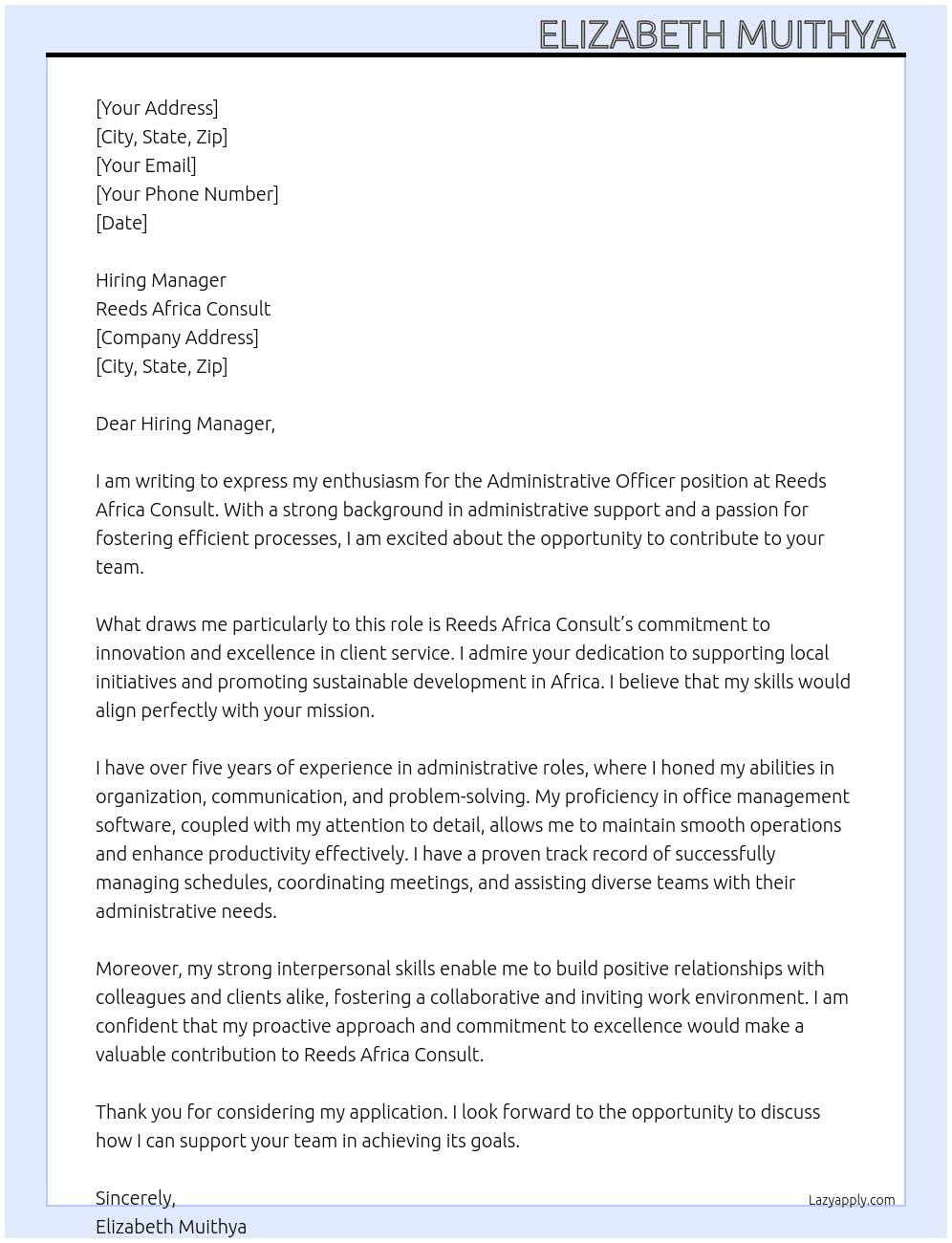 Administrative Officer At Reeds Africa consult Cover Letter