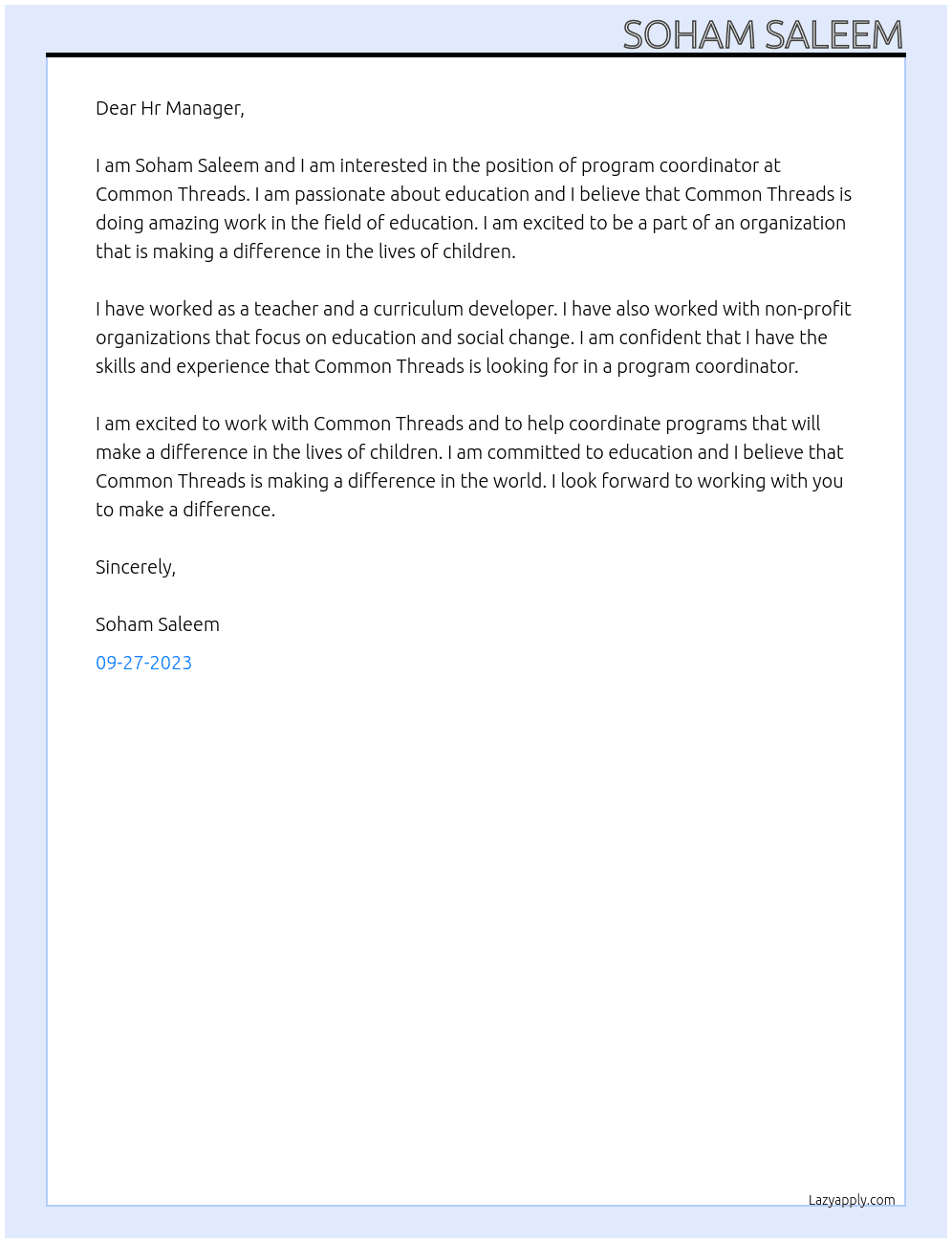 Program coordinator  At Common Threads Cover Letter