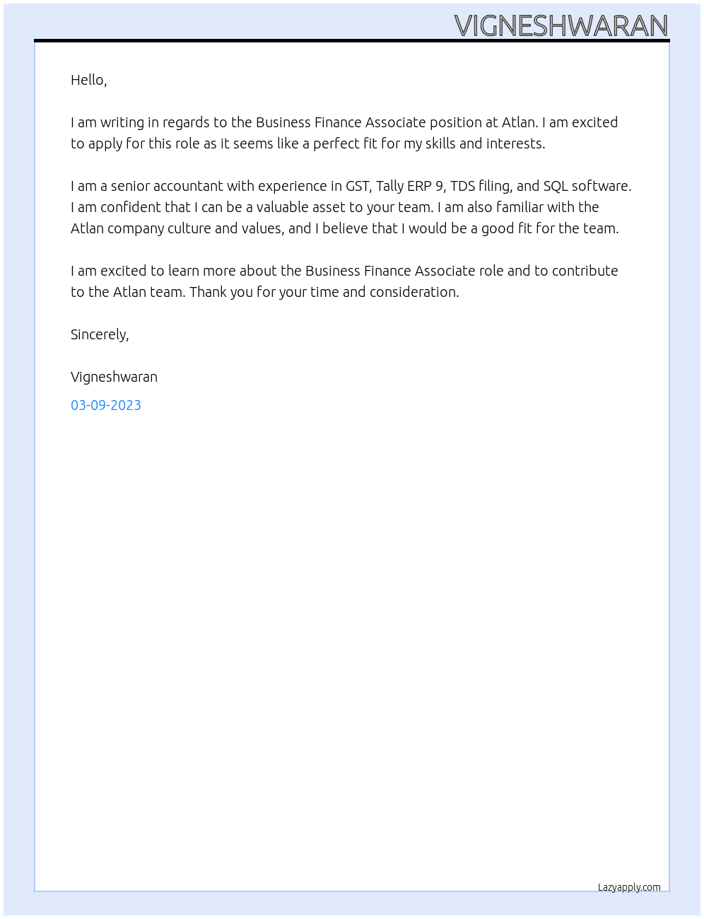 BUSINESS FINANCE ASSOCIATE At ATLAN Cover Letter