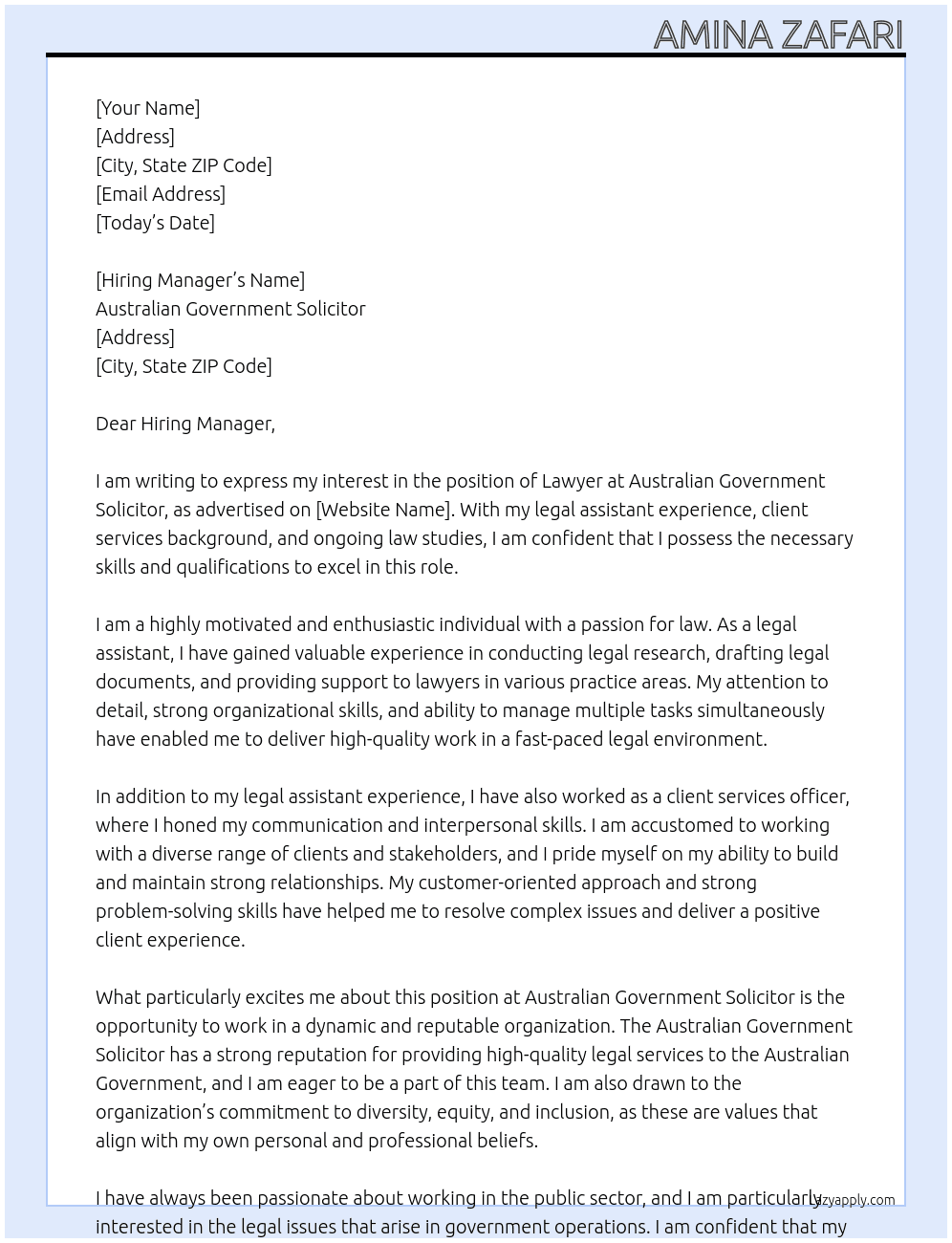 lawyer At Australian Government Solicitor Cover Letter