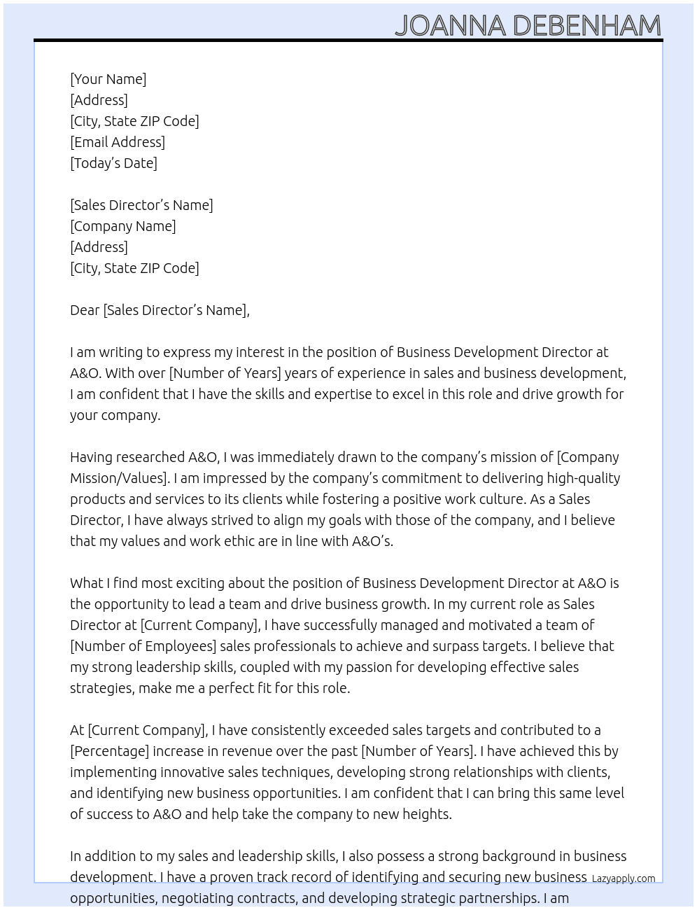business development director At A&O  Cover Letter