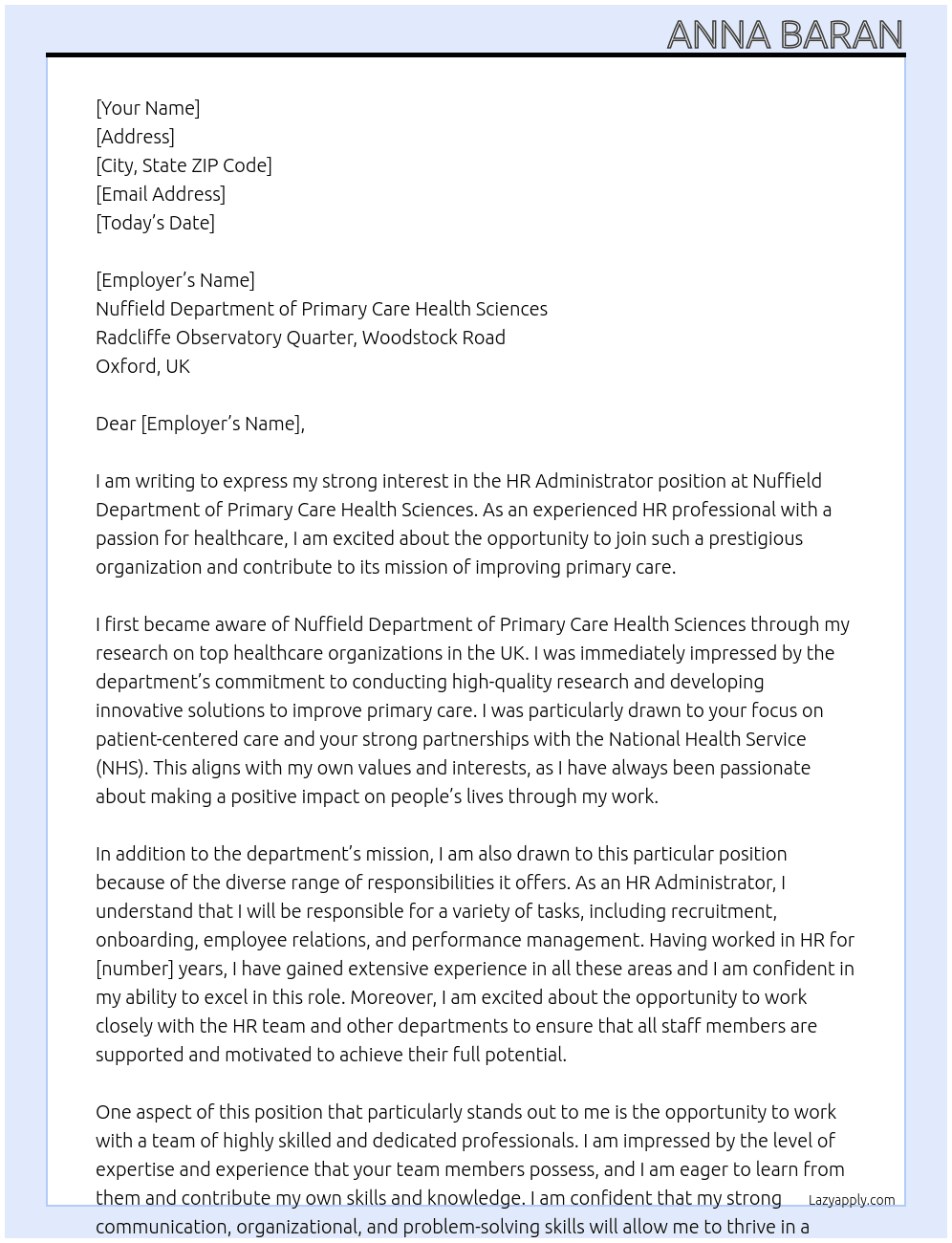 HR Administrator At Nuffield Department of Primary Care Health Sciences, Radcliffe Observatory Quarter, Woodstock Road, Oxford Cover Letter