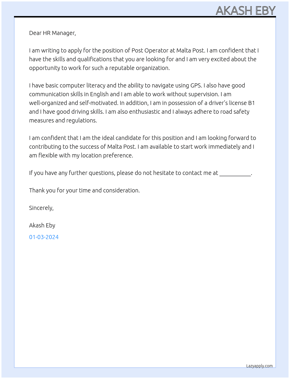 Post operator  At Malta post Cover Letter
